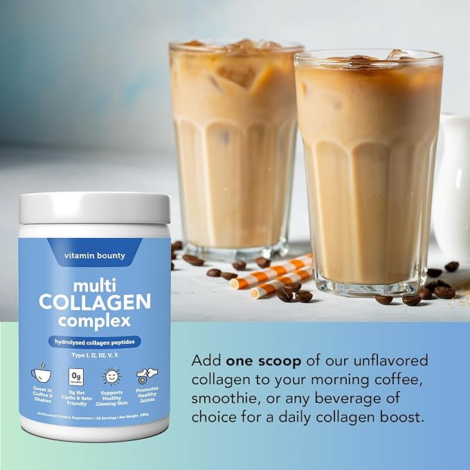 Vitamin Bounty Multi Collagen Complex - Hydrolyzed Collagen Peptides Types I, II, III, V & X - Supports Skin Elasticity, Joint Health, Hair & Nail Growth - 28 Servings