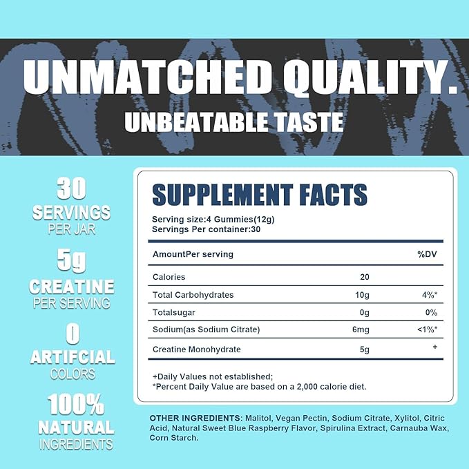 5g Creatine Monohydrate Per Serving - No Sugar or Artificial Colors - Low-Calorie, Vegan & Halal - Blue Raspberry Flavor - 30 Gummies (2PCS)
