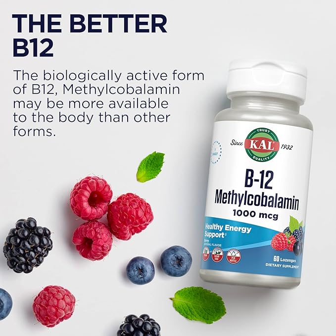 KAL Vitamin B-12 Methylcobalamin Lozenges 1000mcg, Healthy Energy, Metabolism, Nerve & Red Blood Cell Support,* Optimal Absorption, Natural Berry Flavor, Vegan, Sugar Free, 60 Servings, 60 Lozenges