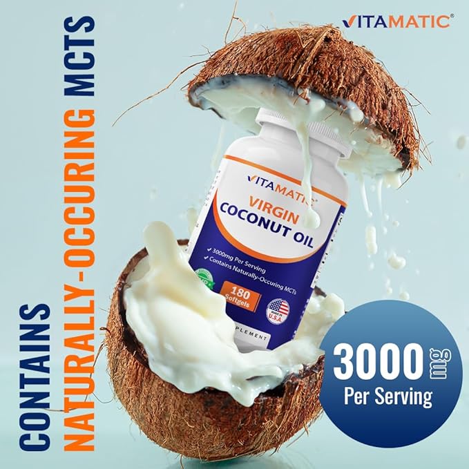 Vitamatic Virgin Coconut Oil Softgels, 3000 mg Per Serving, 60 Servings, 180 Count, Non-GMO, Gluten Free