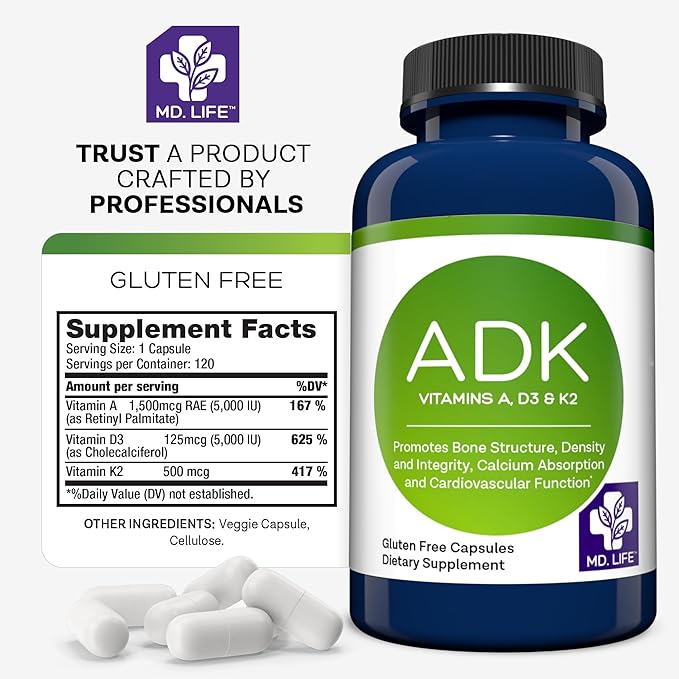 MD.LIFE A D K Vitamin Supplement - Vitamin D3 K2 and A - 120 Capsules - Bone Health and Heart Health Support – High Potency Vitamin ADK Supplement - ADK Complex