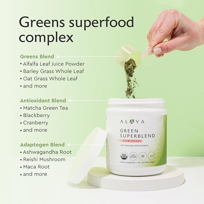 Alaya Organic Super Greens Powder - Premium Green Juice Superfood Supplement Powder - Adaptogens, Antioxidants & Probiotics Blend - USDA Organic, Non-GMO, Vegan - 30 Servings (Mixed Berry)
