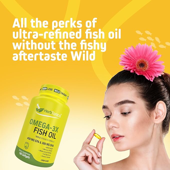 Herbtonics Triple Strength 1250 mg Omega 3 Fish Oil Softgels | High EPA 450 mg + DHA 300 mg | Omega 3 Supplement for Healthy Heart Support | Burp Less Fish Oil Supplement - 180 Softgels