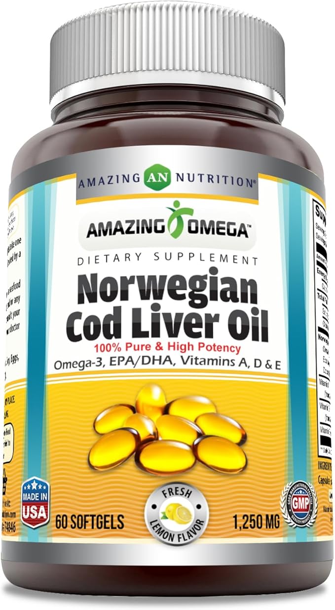 Amazing Omega Norwegian Cod Liver Oil 1250 Mg Softgels Supplement | Omega-3, EPA, DHA, Vitamin A, Vitamin D & Vitamin E (Lemon | 60 Count)