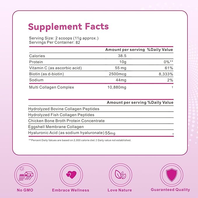 Multi Collagen Protein Powder, 2lbs-Unflavored, with Hyaluronic Acid & Vitamin C, Skin, Hair & Joint Support, 32 Oz