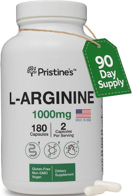 PRISTINE'S L Arginine Supplements for Men & Women - 1000mg Capsules 90 Day Supply Blood Flow & Pre Workout Amino Acid Support