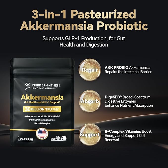Akkermansia Probiotic, GLP-1 Supplement for Gut Health & Digestion, DigeSEB Digestive Enzymes & Vitamin B Complex - 30 Billion TFU, Third-Party Tested, 5 Capsules