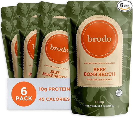 Brodo 100% Grass-Fed Beef Bone Broth, Collagen-Rich and Protein-Packed, Slow-Simmered with Organic Vegetables and Herbs, Nutrient-Dense Broth for Sipping and Cooking (6 x 8.3 oz. Pouches)