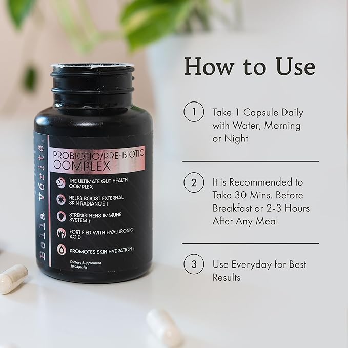 Bella Vérité. Probiotic & Prebiotic Complex - Support Women's Digestive & Gut Health - 3.45 Billion CFU Lactobacillus Probiotics for Clearer Skin - Daily Probiotic Supplement (30 Vegetarian Capsules)