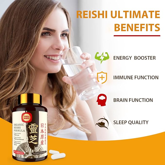 Japanese Reishi Mushroom Supplement 800mg with Reishi Mushroom Extract 500mg & Shell-Broken Spores 200mg,Organic Mushroom Capsules for Immune System - Real Fruiting Body (Pack of 1)