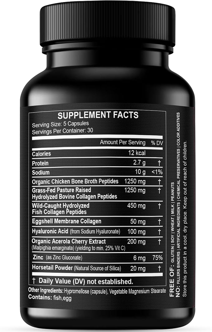 Collagen Peptides Powder with Vitamin C & Hyaluronic Acid - Organic Cleanest Sources & Super High Absorption - Hydrolyzed Multi Type I, II, III, V, X - Skin Hair Supplement (capsules)