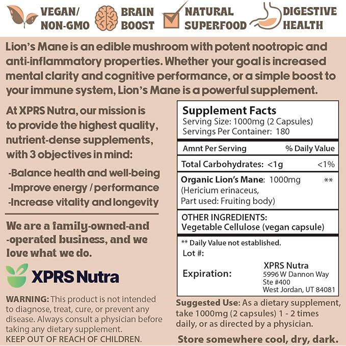 XPRS Nutra Organic Lions Mane Supplement Capsules - 360 Count (180 Day Supply) of Premium Lion's Mane Mushroom Capsules for Mental Clarity, Cognition and Immunity Lions Mane Powder Capsules