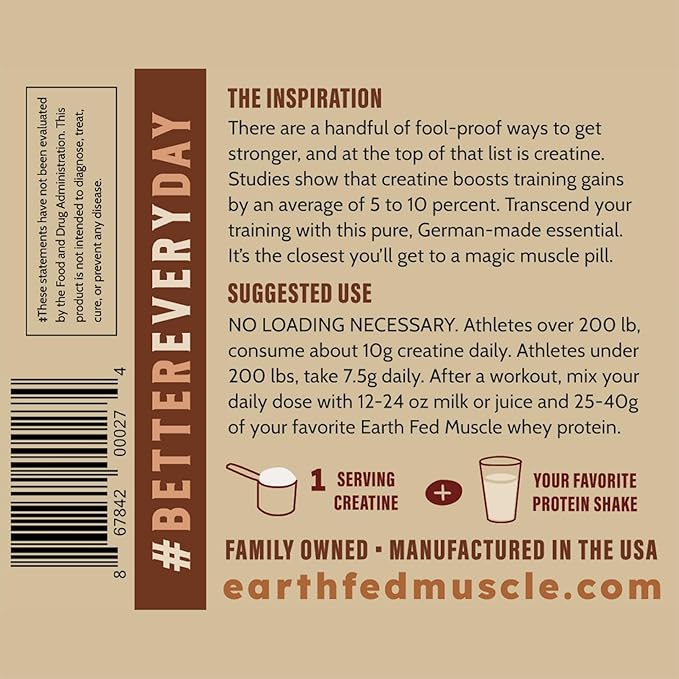 Earth Fed Muscle Transcend Creatine Monohydrate - 100% German Creapure, Muscle Recovery, Muscle Building, Cellular Energy Production - Gluten Free, Soy Free - Unflavored 5g per Serving, 60 Servings
