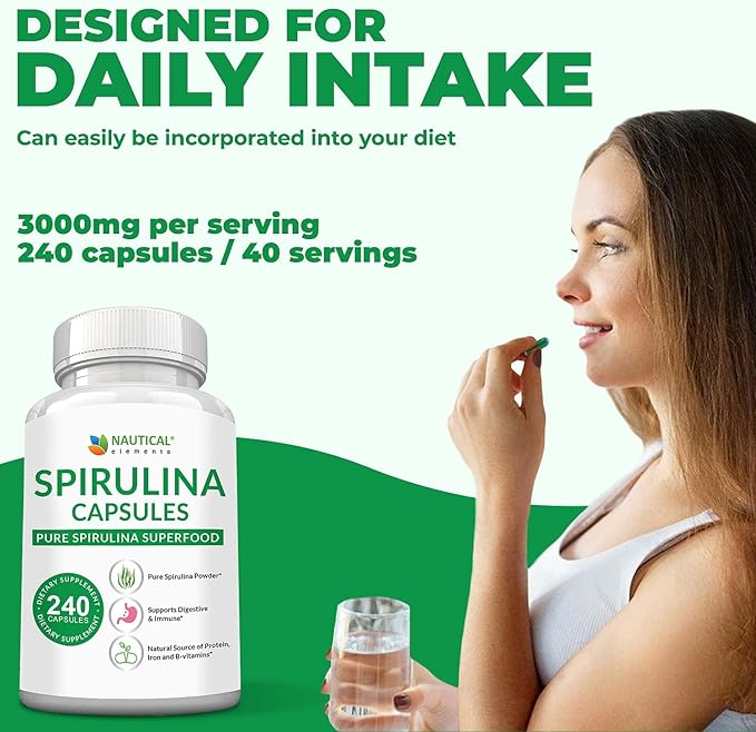 Spirulina Capsules 3000mg - 40 Servings Of Organic Spirulina Capsules - Rich in Protein, Antioxidants & Vitamins - 240 Organic Espirulina Powder - Supports Immune & Cardiovascular Health