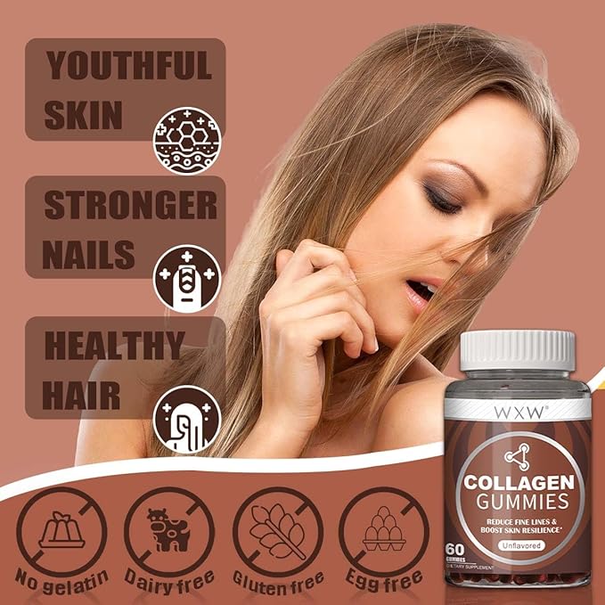 WXW Collagen Gummies - Unflavored - Type 1 & 3 Collagen Peptides for Women with Biotin, Vitamin C, E for Hair Skin and Nails & Joint Support - 60 Count