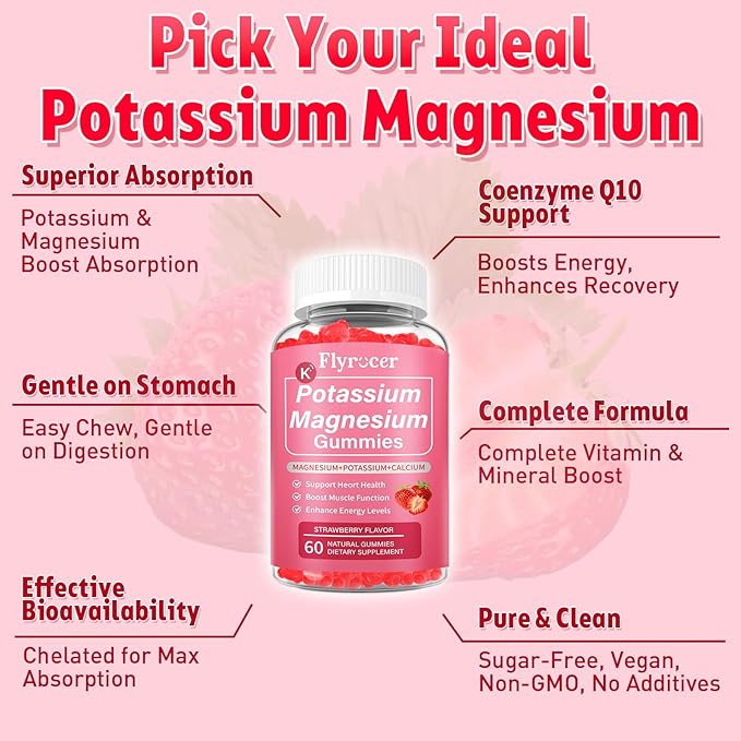 2 Pack Potassium Magnesium Gummies for Men & Women, Potassium Magnesium Supplement for Leg Cramps, Muscle Health, & Electrolyte Balance, Strawberry Flavor, 120 Gummies