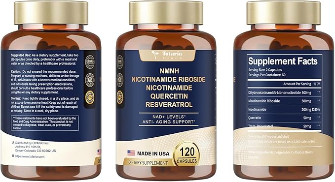 NMNH (Dihydronicotinamide Mononucleotide), NMN Alternative Supplement w/Niacinamide (Vitamin B3), Quercetin, Trans-Resveratrol, Support NAD+, Skin Cell Health*, Anti-Aging & Energy, 120 Caps