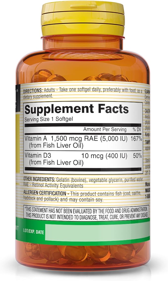 MASON NATURAL Vitamins A & D3 from Fish Liver Oil - Healthy Vision and Immune Health, Improved Muscle and Nerve Function, 100 Softgels