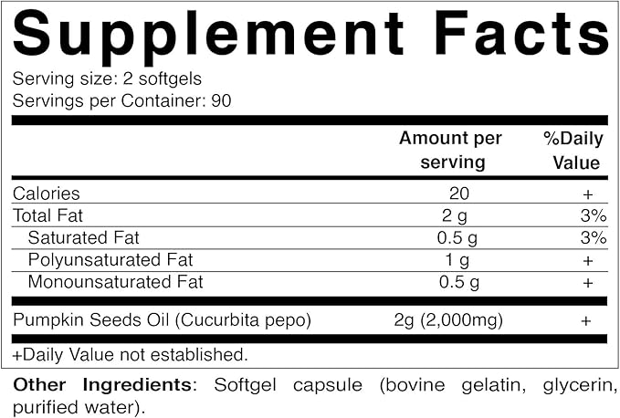 Vitamatic Pumpkin Seed Oil 2000mg Softgel Capsules per Serving - 180 Softgels - 1000mg per softgel