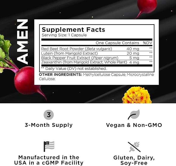 Amen Eyes Lutein Zeaxanthin Supplement - Eyes Vitamins - Lutein and Zeaxanthin from Marigold Extract, Red Beet Root Powder, Black Pepper Fruit Extract - 3-Month Supply Eye Care - Non-GMO - 90 Capsules