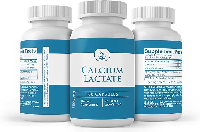 Pure Original Ingredients Calcium Lactate, (100 Capsules) Always Pure, No Additives Or Fillers, Lab Verified