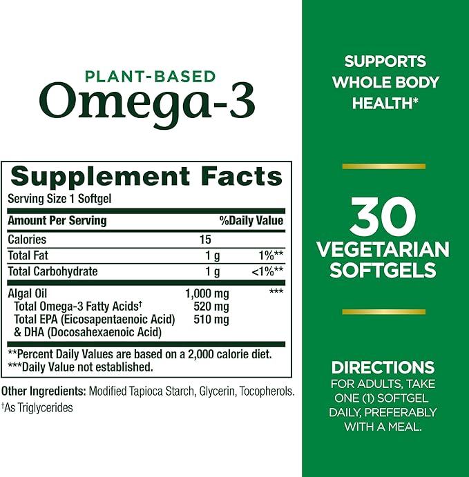 Nature's Bounty Omega 3, Plant-Based Omega 3 Fatty Acid Suppement, 520mg, Supports Whole Body Health Including Heart, Skin, Joint, 30 Vegetarian Softgels, Fish Oil Alternative, Omega 3 Supplements