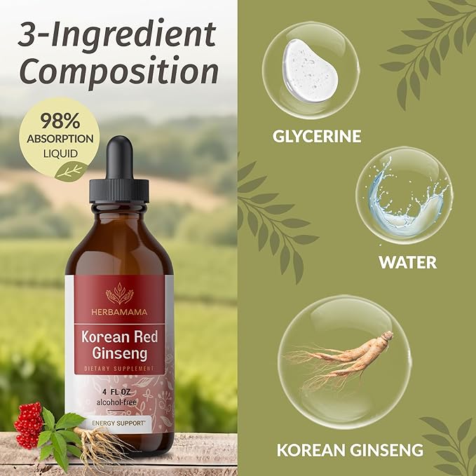 HERBAMAMA Korean Panax Ginseng Root Tincture - Vegan Red Ginseng Extract Liquid Drops for Energy Support - Non-GMO, Alcohol & Sugar-Free Immune Support Supplement, 56-Day Supply