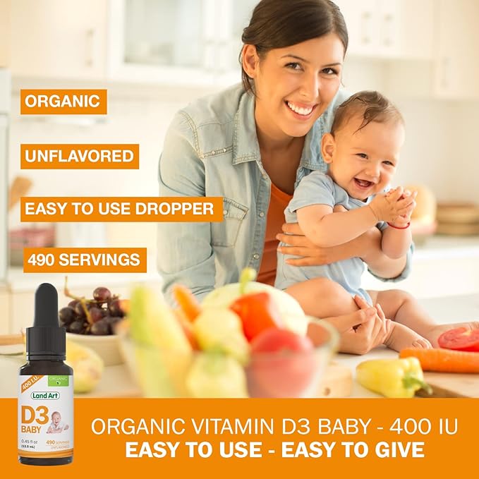 Certified Organic Vitamin D3 Drops - for Baby - 400 IU per Drop - 490 Servings - Development and Maintenance of Bones and Teeth - GMO Free - Gluten Free – 0.45 fl oz (13.5 ml)