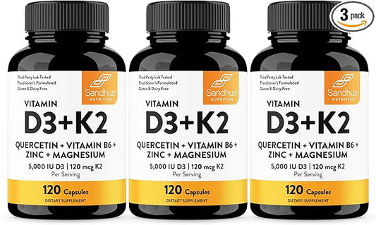 Vitamin D3 K2 5000 IU 120 Capsules (Pack of 3)| with Zinc, Magnesium & Quercetin | 5000IU of D3, 120mcg K2 | Superior Absorption, Supports Natural Energy, Immune, Bone & Muscle Health for Men & Women