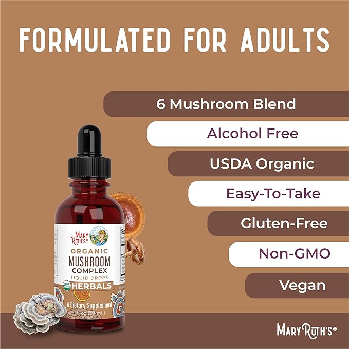 MaryRuth Organics USDA Mushroom Complex | Herbal Liquid Drops | Supplement | Lion's Mane | Reishi Mushroom | Shiitake Mushrooms | Non-GMO | Vegan | Alcohol Free Tincture | 30 Servings