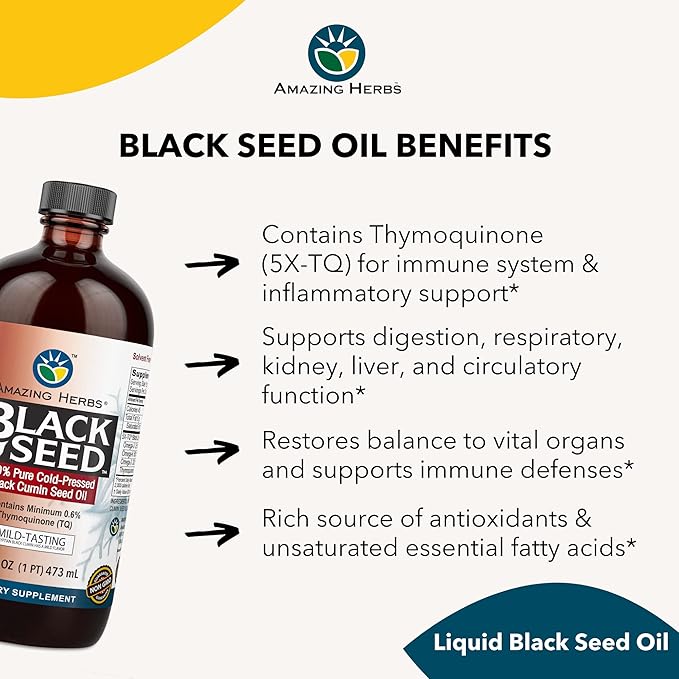 Amazing Herbs Egyptian Black Seed Oil - Gluten Free, Non GMO, Cold Pressed Nigella Sativa Aids in Digestive Health, Immune Support, Brain Function, Mild Flavor - 16 Fl Oz