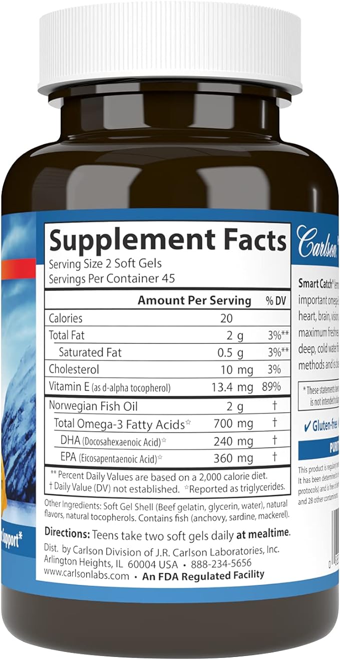 Carlson - Teen's Smart Catch, 700 mg Omega-3s, Cognitive Development, Brain Function & Vision Support, Lemon, 90 Softgels