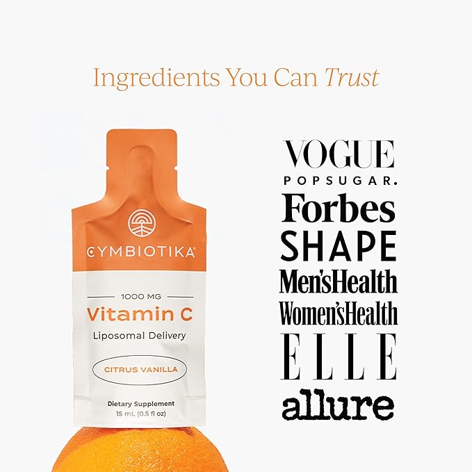 CYMBIOTIKA Vitamin C Individual Packets, Liposomal Delivery, Supplement for Immune Support, Collagen Boost, & Healthy Aging, Skin Hydration Packets, Citrus Vanilla Flavor, 60 Servings, 2pck (2)