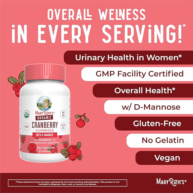 Organic Cranberry Gummies by MaryRuth's | 500mg Cranberry Supplement | Urinary Tract Health for Women | with D Mannose | Traditional Use | USDA Organic | Vegan | Non GMO | 30 Servings