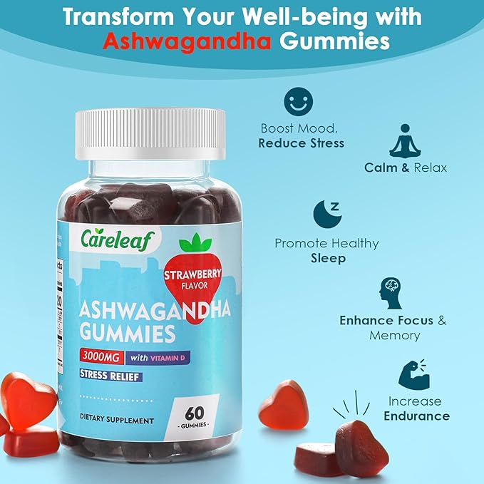 Vegan Ashwagandha Gummies-3000mg High Potency Ashwagandha Root Extract with Vitamin D2 | Strawberry Flavor | 60 Cts/Bottle