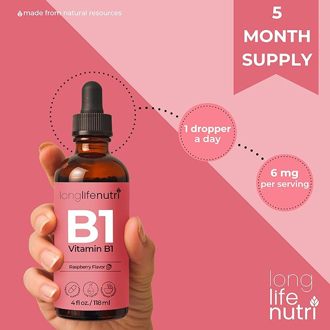 Vitamin B1 Liquid Drops - Thiamine Mononitrate Organic Supplement for Energy and Nerve Health, Fast Absorption, 4 FL OZ, 5-Month Supply, Lab Tested, Made in USA
