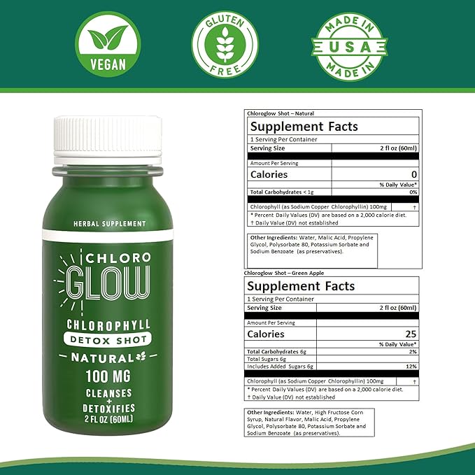 Chlorophyll Detox Shots – Organic Plant-Based Liquid Cleanse Drink for Immune Support & Natural Energy – Pre-Mixed Detox Supplement (12 Pack)