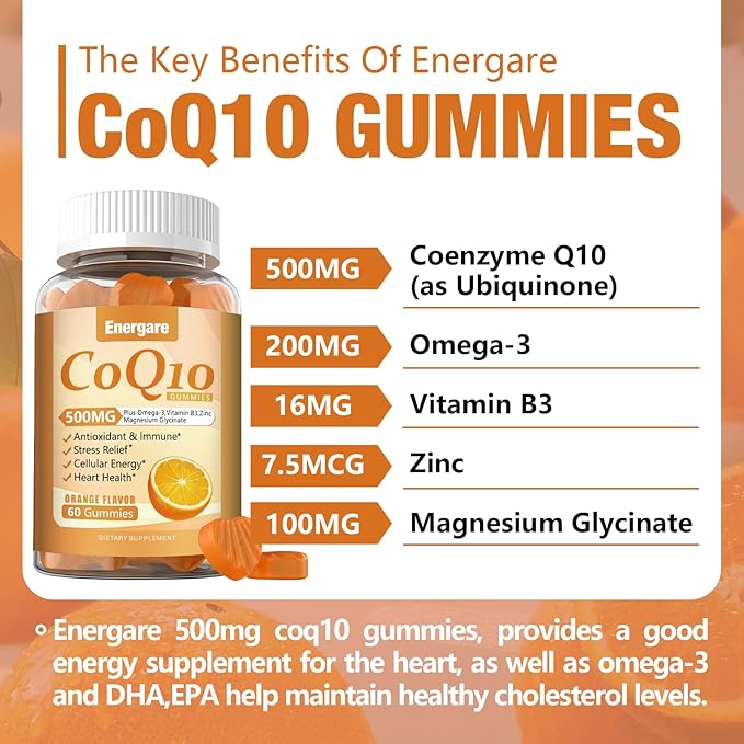 2 Pack CoQ10 500MG Gummies - 3X Better Absorption Coenzyme Q10 Supplements - Plus Omega-3, Magnesium, Vitamin B3 & Zinc for Heart Health, Cellular Energy & Antioxidant, Vegan, Non-GMO 120 Ct