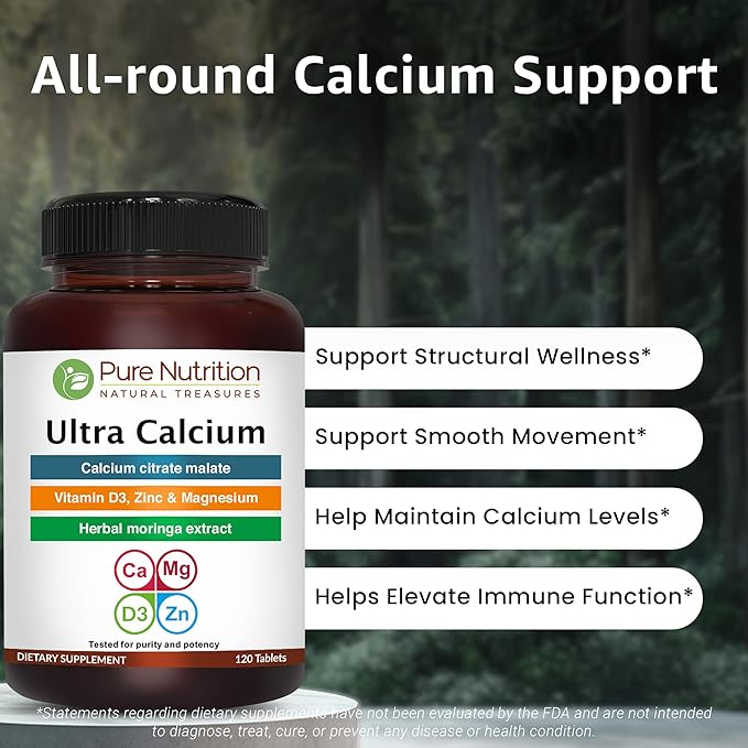 Pure Nutrition Ultra Calcium 1000mg with VIT D3 + K2 | 120 Tab | Highly absorbable Calcium Supplement with Calcium Citrate Malate, VIT D3, K2, Moringa Oleifera, Magnesium and Zinc.