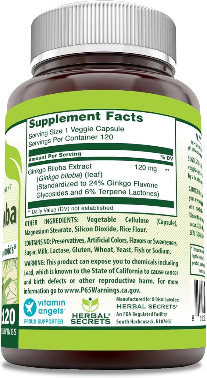 Herbal Secrets Ginkgo Biloba Supplement 120mg 120 Capsules | Standardized to Contain 24% Ginkgo Flavone Glycosides | Non-GMO | Gluten Free | Made in USA