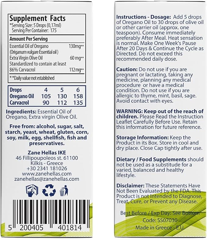 Zane Hellas 70% Oregano Oil. Greek Essential Oil of Oregano .86% Min Carvacrol. 112 mg Carvacrol Per Serving. Probably The Best Oregano Oil in The World. 1 fl. oz.- 30ml