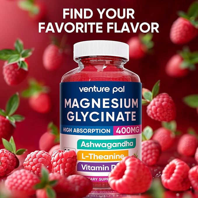 Venture Pal 60 Day Supply Magnesium Glycinate Gummies with Ashwagandha for Adults and Kids, L-Theanine, CoQ10, Sugar Free Magnesium Supplement 400mg for Calm Mood & Sleep, Gluten-Free & Vegan