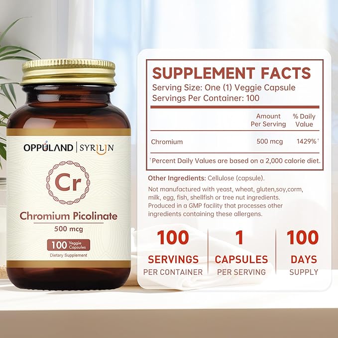 Chromium Picolinate 500 mcg,Chromium Supplements,Non-GMO, Gluten Free,100 Veg Capsules