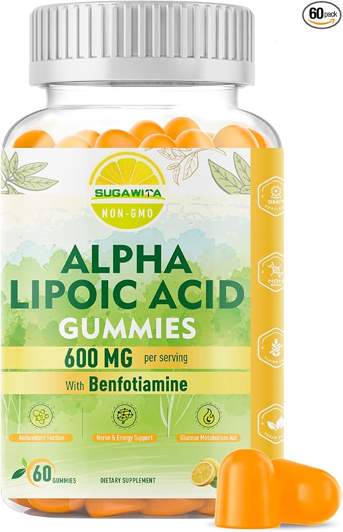 Alpha Lipoic Acid Gummies - Vegan, Sugar-Free,600 mg ALA Supplement - Pure ALA Alpha Lipoic Acid 600mg with Benfotiamine for Nerve Support, Antioxidant Support - 60 Counts