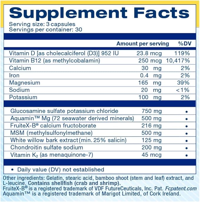Glucosamine, Chondroitin, MSM, and FruiteX-B Joint Support Supplement for Joint Relief, Health & Comfort Perfect for achy Knees and Hands. 30 Servings