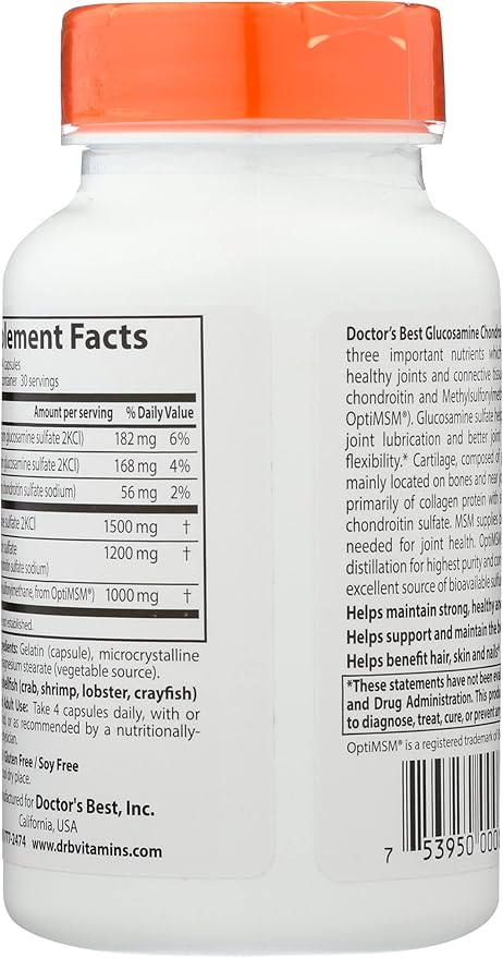 Doctors Best Glucosamine Chondroitin MSM with OptiMSM, Non-GMO, Vegan, 120 Capsule (Pack of 1)