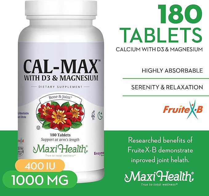 Maxi Health Calcium Magnesium Supplement with Vitamin D3 and Boron - Kosher Bone Health & Nighttime Formula, Calcium Citrate CalMag & Vitamin D (180 Tablets)