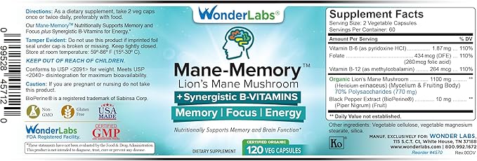 Lions Mane Mushroom 1100mg Mycelium & Fruting Body - Nutritionally Supports Memory and Brain Function Plus Essential B-Complex for Energy - 120 Capsules