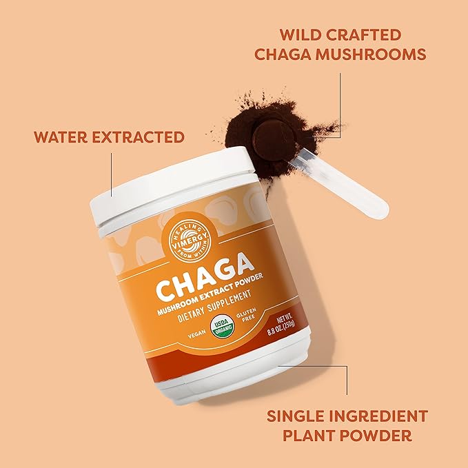 Vimergy USDA Organic Wild Chaga Mushroom Extract Powder, 166 Servings – Ideal in Chaga Tea, Coffee, Smoothies – Cardiovascular Support - Kosher, Vegan, No Gluten, Paleo - Pure Chaga, No Fillers (250g)