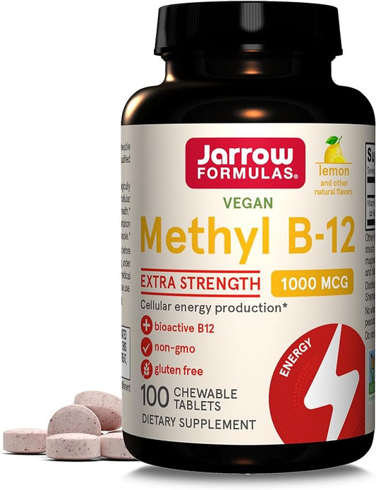 Jarrow Formulas Extra Strength Methyl B-12, Dietary Supplement for Cellular Energy Production, 100 Lemon-Flavored Chewable Tablets, Up to a 100 Day Supply